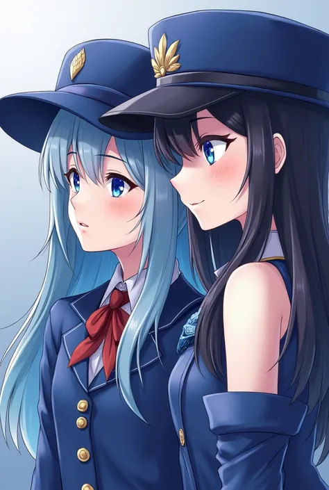 a close up of two anime characters wearing hats and blue clothes, concept art inspired by Li Chevalier, trending on cg society, auto-destructive art, genshin impact character, ayaka genshin impact, from the azur lane videogame, granblue fantasy, 8 k charac...