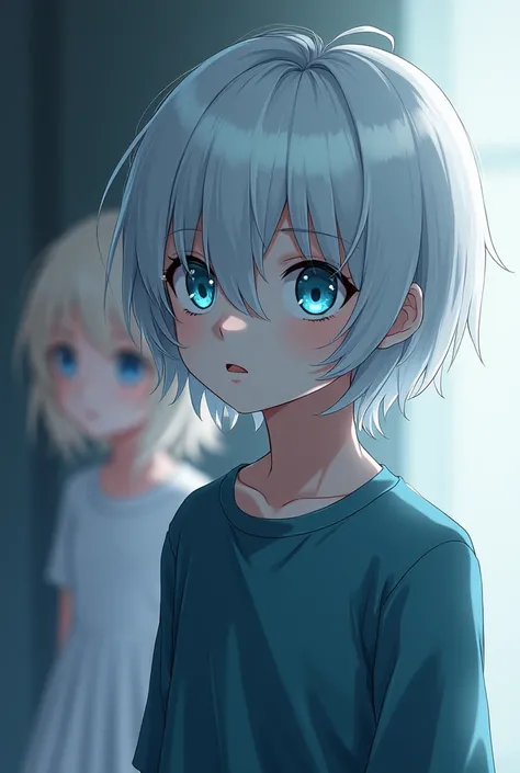 A young anime-style boy , 18 years old,  reflecting that he is shy and scary ,  albino style with intense blue eyes ,  a girl who is easy to manipulate,  shoulder-length hair 