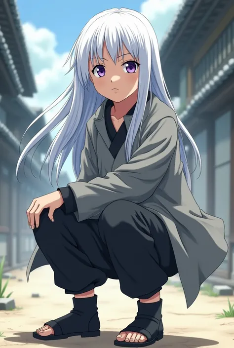 Make it anime style: a boy with long and straight white hair , violet eyes, Dressed like a Shinobi, long and large sleeve gray shirt, Black pants and black boots.