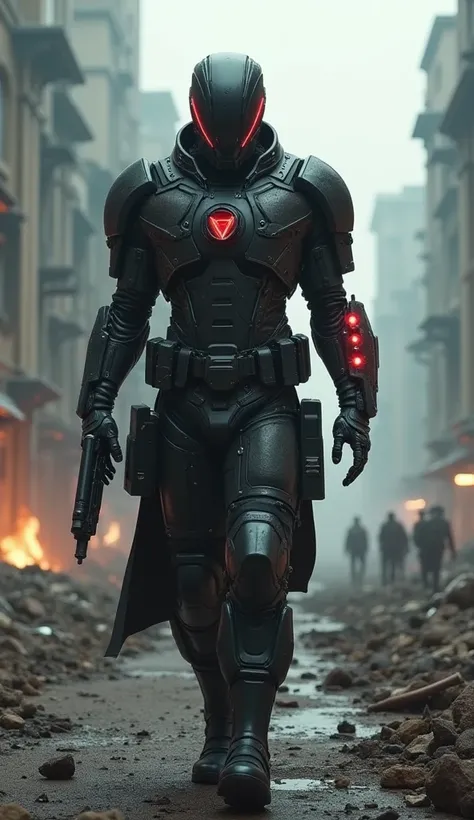 In a war-torn futuristic landscape, a hybrid military officer combines the best of humanity and robotics. His cybernetic arm emits a protective shield while his glowing red eye scans for weak points in enemy lines.