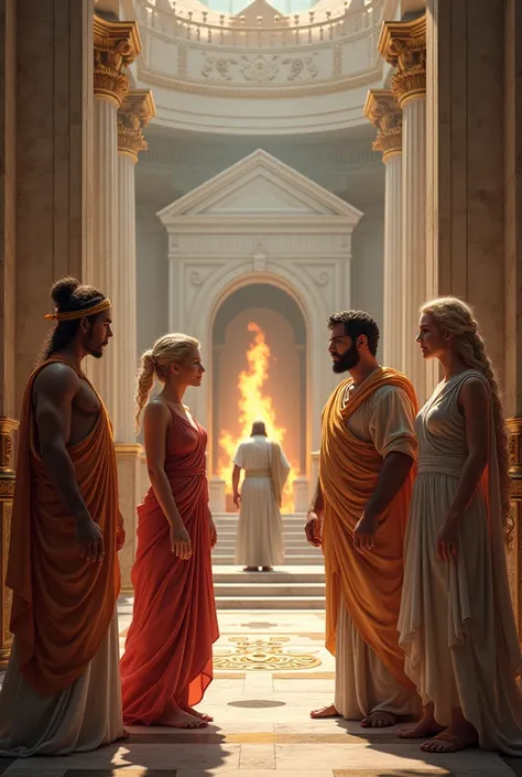 Create a conversation between Hera,Athena,Hermes,Aphrodite,and Zueus while while Hepaestus is a far making Pandora 