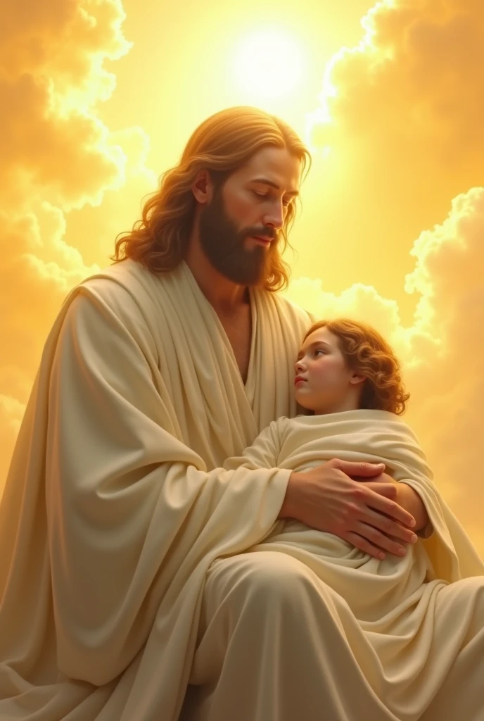 Jesus in white clothes holding a  in white clothes on his lap, And behind there are yellow clouds with sunlight .