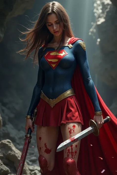 A thug is slashing at Supergirl    ,  Her chest, torso, and legs are slashed with a sword ,  Expression of deep pain   ,  dramatic, dramatic tragedy  ,   blood is spewing out of the wound   , Stabbed in the chest   and died , Stabbed in the chest   ,  ,  t...