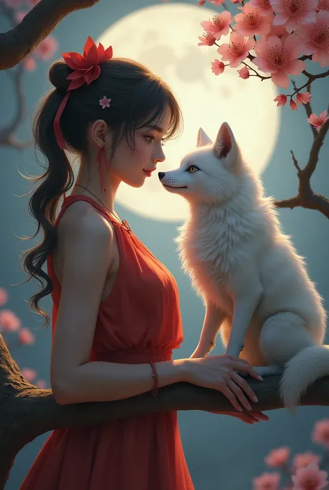 1girll，solo，（masterpiece：1.2），beautiful details，Extremely colorful，Exquisite details，s delicate face，eyes with brightness，The details are complex，Reality，Ultra photo realism，A very beautiful girl and a white-haired fox sitting on a branch：1.1，Large breasts...