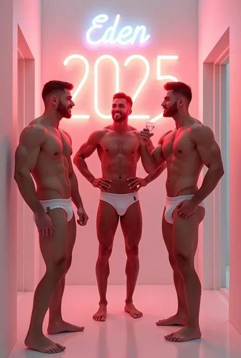 EDÉN HAPPY 2025 white neon sign
3 sexy real naked men in sexy thongs celebrating New Year in an elegant white room 