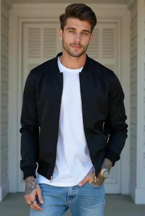   Tall and attractive 22-year-old man ,  green eyes, athletic,  symmetrical face,  flirty smile ,  wearing light blue jeans and a black jacket, He wears a white t-shirt under his  . has tattoos on his hands   . . Parece alto y athletic. . En alguna calle d...