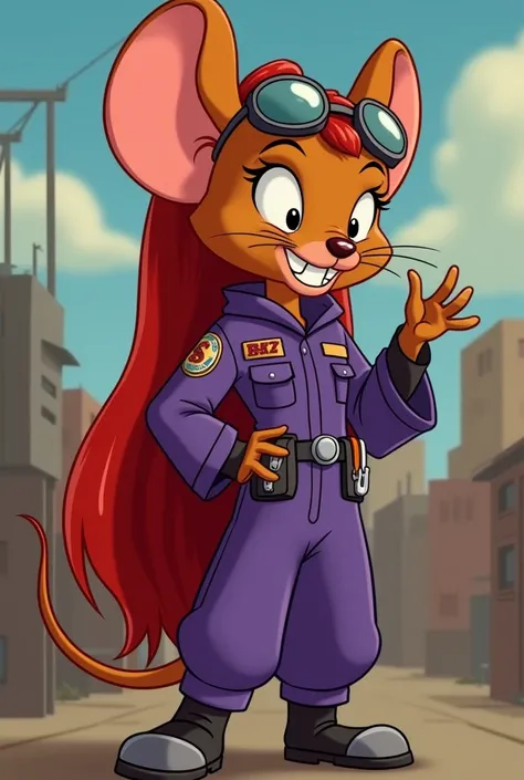 A nut with an outstretched arm down towards someone is a mouse;  she is the pilot , , the inventor and mechanic of the Rescue Squad . She wears a purple jumpsuit ,  on whose belt hangs a wrench and other tools and wears canned glasses on her hair.  Her lon...