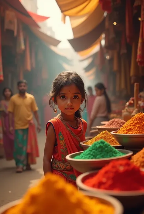 Indian girl in a colorful market, wide-eyed with curiosity, vibrant spices and textiles around. Ream human image cinematic