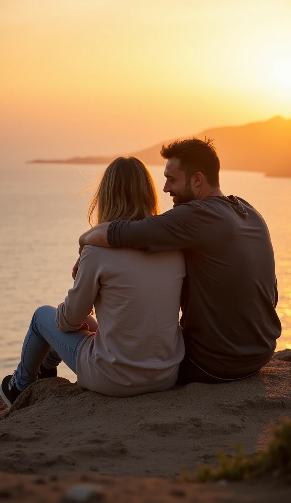 The couple sits close together on a scenic cliff, sharing personal stories and shy laughs. The casual clothes and natural sunset colors reflect their warmth and authenticity. Shot with a Canon EOS R5, 85mm f/1.2 lens, emphasizing the moments intimacy.