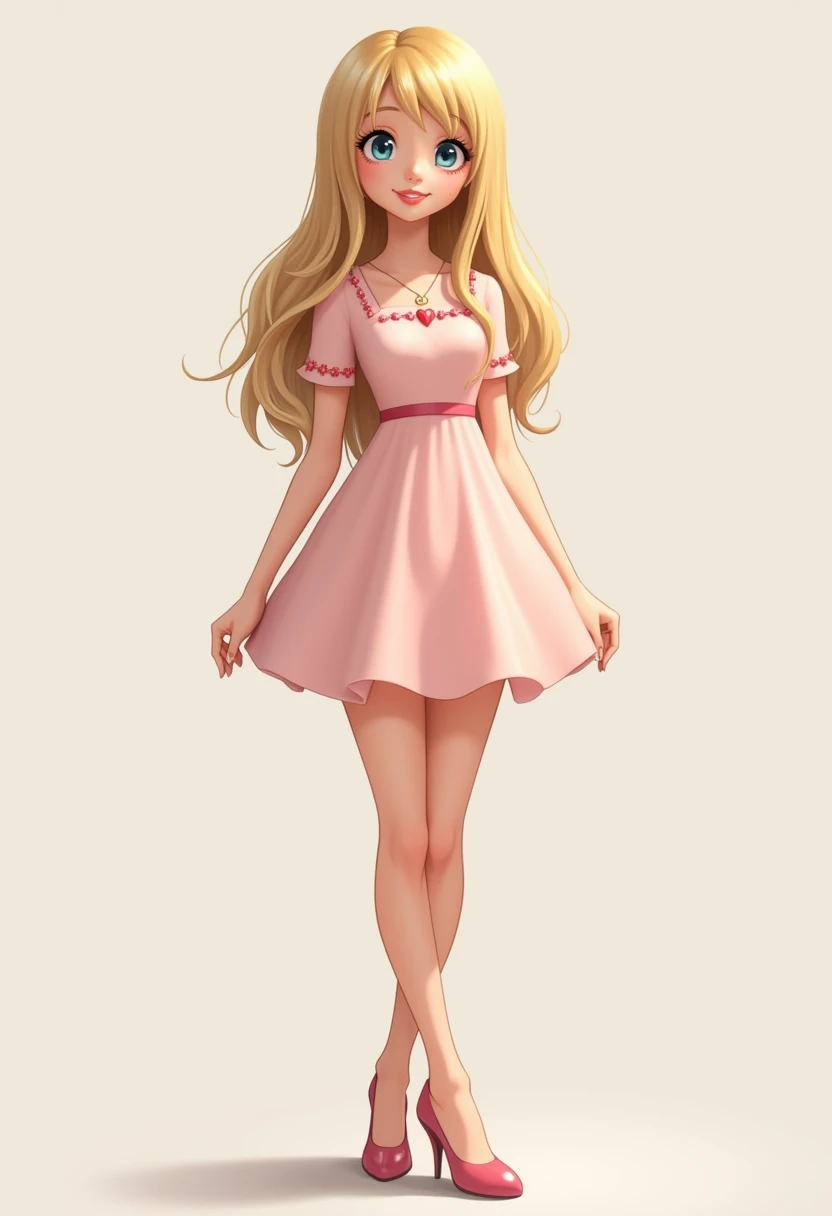  Girl with straight blond hair  ,curly eyebrows  , sky blue eyes, with long eyelashes,  small nose,  pink lips normal smile,  light pink short dress , waist,,high ,pink high heels 