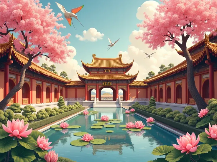  Draw a scenario of an imperial Chinese palace .  Princess cookies are in a garden room with water fountains , lotus flowers and cherry blossom trees .  The palaces corridors are adorned with golden fabrics and dragon statues. in the sky,  you see birds fl...