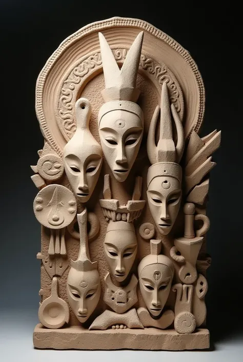 Ceramic artwork 
Create a ceramic work of art made from the composition of African masks in chacota and plate and cerapilheira on the high background and low relief with plates and ceramics 