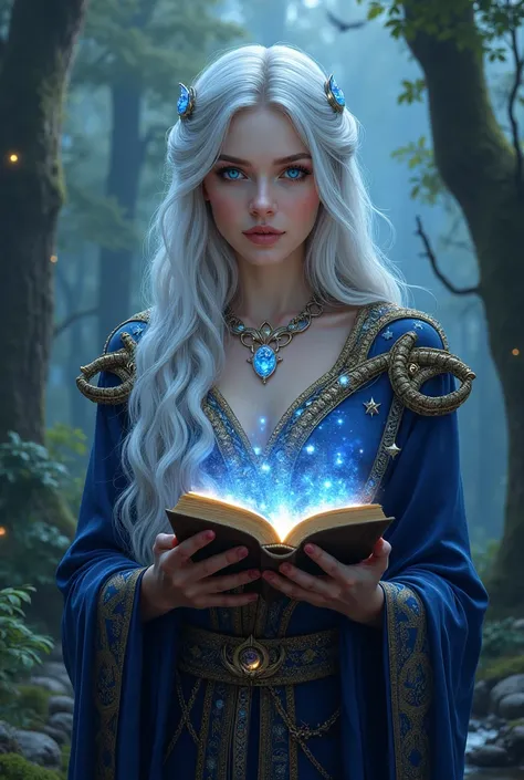 "Create a hyper-realistic digital portrait of a legendary sorceress inspired by the archetype of Merlin, embodying timeless wisdom, unmatched magical power, and ethereal beauty. She stands in a mystical forest clearing, surrounded by an aura of ancient mag...