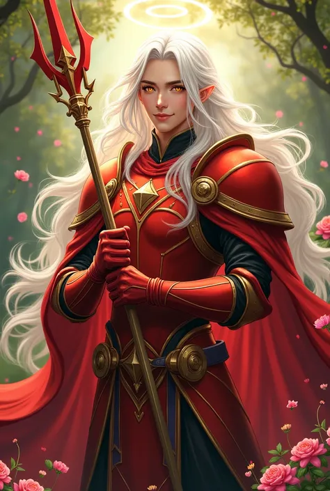 male aazumar knight of beauty, in red and armor, long white hair, a halo on his head, flowers around him, yellow eyes. Weapons in the hand of Glaive, smiling full length