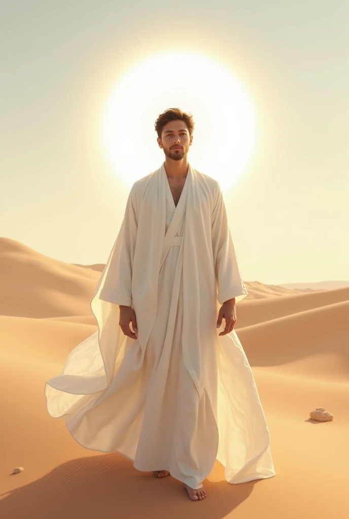 Medium size white male with short black hair wearing white  Robe with bright light behind him and desert as a background 