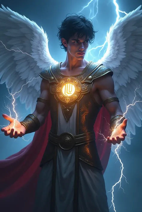 The god of thunder and lightning is a guy with short black hair in a divine outfit attached to his body and on his chest he wears a capital letter LUISANGEL, Lightning and thunder come out of his hands 