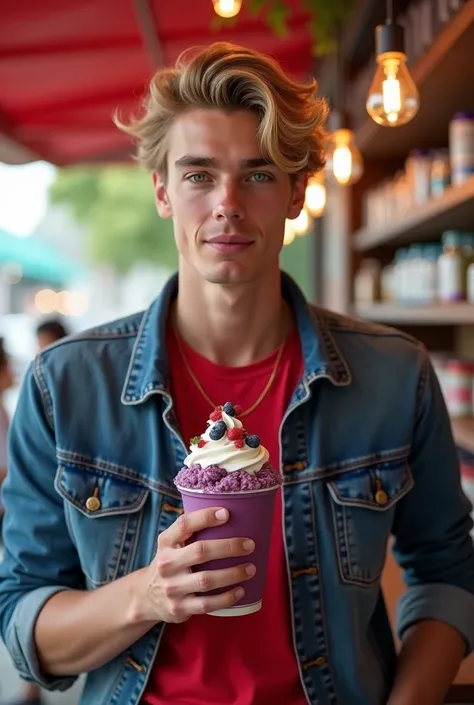  Young German man , 1. 80 meters tall , 25 years , CASUAL CLOTHING , red shirt, jeans jacket,   wears jeans and sneakers ,realistic,  At the açaí store  , blond hair,  green eyes , eating acai , Ultra HD,  high quality,  Better quality,  High resolution , ...