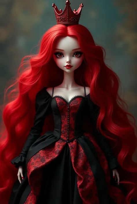 Queen of Hearts,  with long red hair, Red Crown,  black and red dress . Doll-shaped 