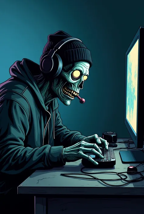 a zombie  gamer with headset in a a dark room
wearing a black beanie
comic design
