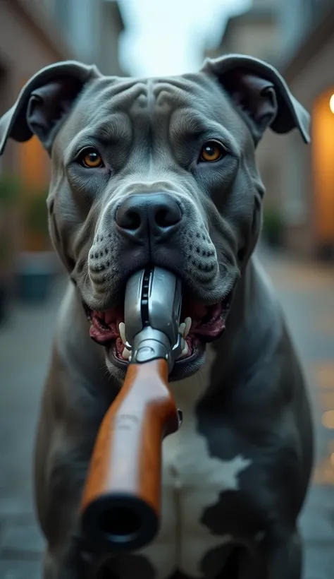  This photo depicts a powerful and muscular pit bull with smooth blue-gray coat and white markings on the chest.  The dog has bright amber eyes ,  giving it an expressive and confident look .  In its mouth a massive revolving pistol is held down , , whose ...