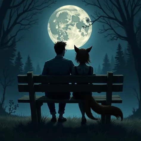 Man with glasses and a wolfs tail sitting next to a sturdy woman with a foxs tail on a bench with his back at night and only his shadows can be seen under the moonlight