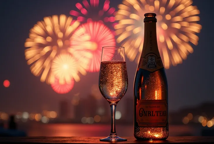 a glass of sparkling wine bubbling , next to an open, uncorked sparkling wine bottle :1.5,  On New Years Eve, Fireworks in the background of the plane