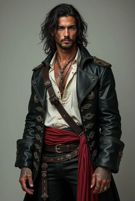 Male, 28 year old  pirate captain.

Looks: tanned skin, dark wavy medium hair, hazel eyes, scarred, tattooed, pierced body, NO BEARD. Clothes: wears a lot of accessories, a loose white linen shirt, a black leather pirate coat with decorative stitches of wa...