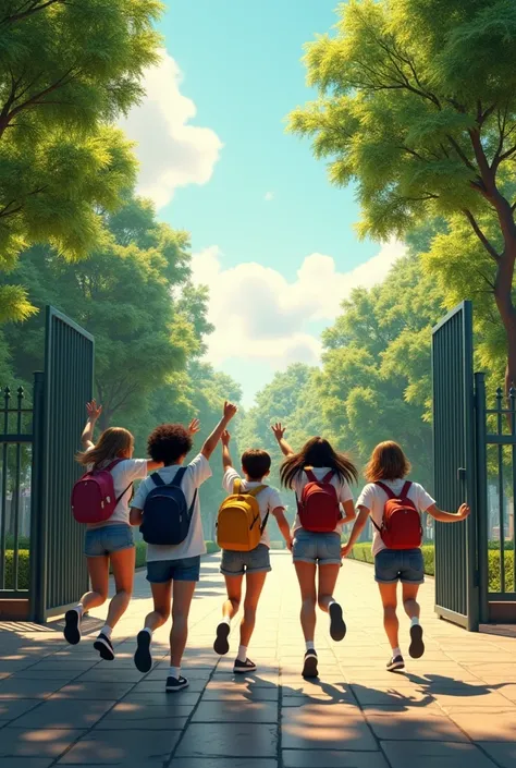 realistic s jumping out of a school gate to park, they have their backs to the camera at the end of the school semester, real, realistc, 4k, masterpiece