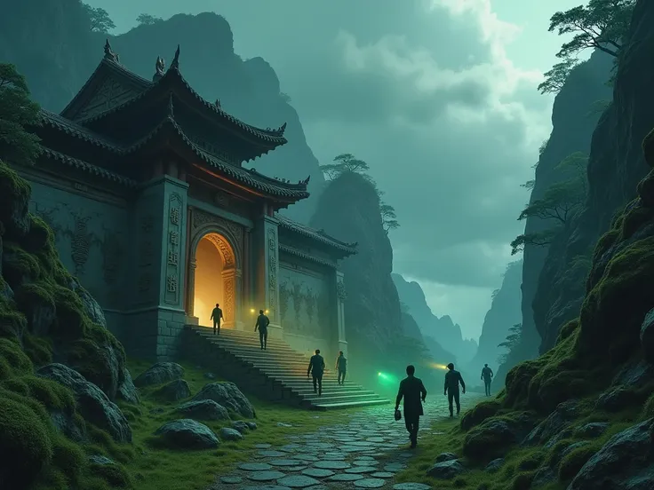  Draw a secret temple in the Chinese mountains ,  hidden in the fog .  The secret agent cookies are carrying out a mission ,  with advanced technology fused with ancient Chinese elements .  The walls are decorated with dragon engravings ,  and there is a s...