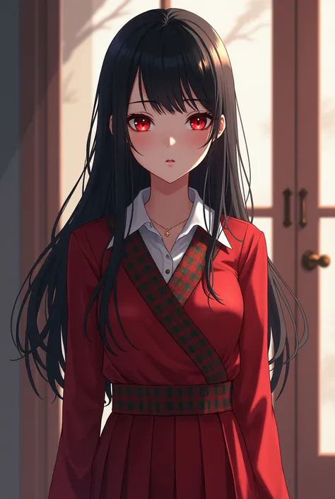 Create a picture of an anime girl, who has black hair and red eyes, wearing a full body Indonesian school uniform