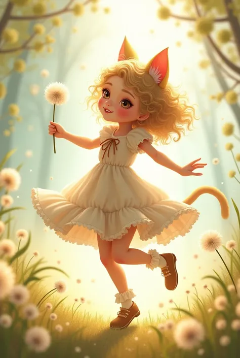 cat-eared girl with cat ears, blond curly hair, ruffled dresses, ribbons, socks, shoes, dancing dandelion fluff, fairy tale, fairy tale, dreamy,