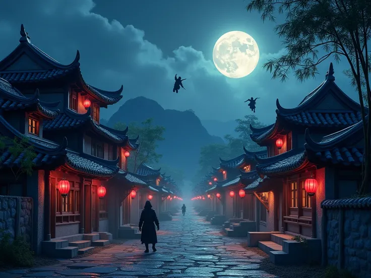  Create a night scene in a medieval Chinese village .  Ninja cookies hide in the shadows of wooden houses and stone walls.  in the background , a large full moon illuminates the landscape ,  while ninjas jump from one roof to another with great skill .  Re...