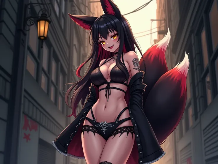 an anime depiction of a nsfw fox-girl with an hourglass figure in an extremely revealing short skirt and gothic attire in an city alley way. She is has black hair and a few burgundy streaks, and her pubic hair is red. She has deep yellow eyes, a very bushy...