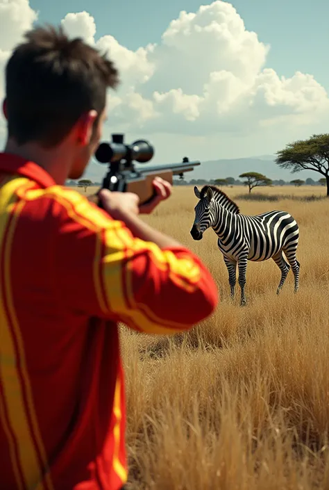 Zebra hunting season ,  the hunter is wearing a red and yellow striped shirt, visez avec votre tireur délite un zèbre pour le chasser