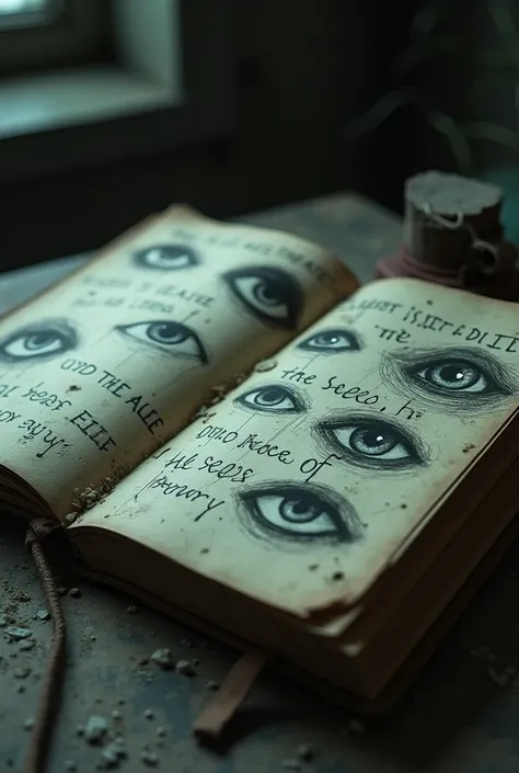 "A close-up of an old notebook lying open on a dusty table. The pages are filled with eerie drawings of eyes and cryptic phrases like He sees me written repeatedly."