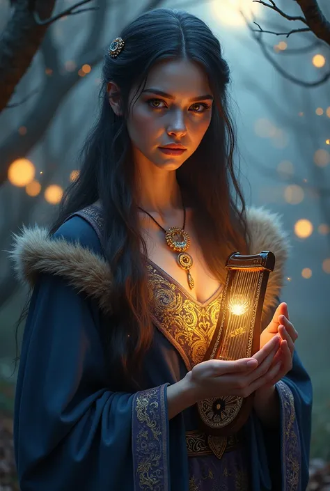 "Create a hyper-realistic digital portrait of a Baun (Bayun), a mystical storyteller and enchanter from Slavic folklore, whose hypnotic voice weaves spells and captivates the soul. She stands in an ethereal twilight setting, her glowing, amber-gold eyes br...