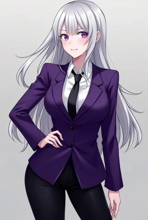 A female void demon who is named Aerise Eillile who prefers to use Eliza Reinhardt as her main name. She is also a prosecutor and wears a purple suit with black pants and white dress shirt underneath. She has purple eyes, and medium silver long hair.
