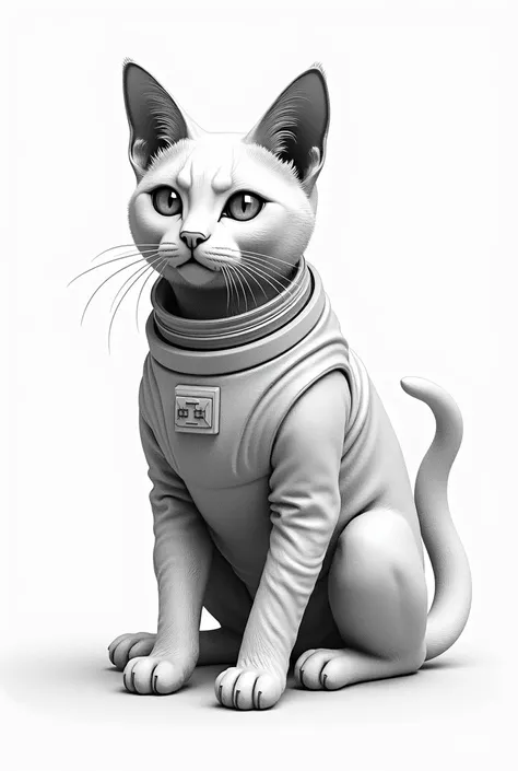 Create a pencil sketch of a bronze monument to the Hermitage cat on a white background. Picture the Cat of the future: in a space suit. This image should be futuristic, with elements of science fiction. With shiny inserts.