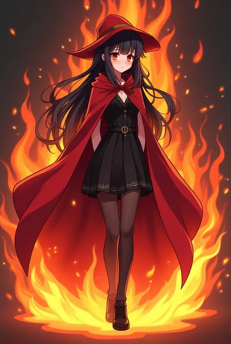 a cartoon image of a woman in a red cape and black shoes, appears as the fire goddess, outfit design, the fire queen, lava and fire goddess, anime woman fullbody art, astral witch clothes, fire!! full body, full body adoptable, character adoptable, fantasy...