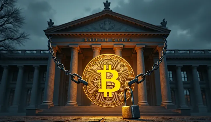 A realistic and detailed image of a large, traditional bank building with arms extending from its structure, holding a giant, glowing golden Bitcoin coin wrapped in heavy iron chains and secured with a large padlock. The background is dark and moody, symbo...