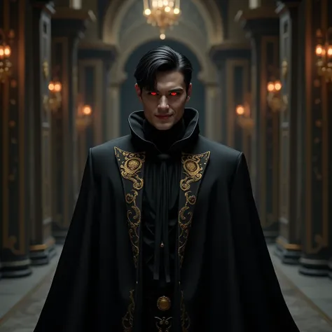 Man in black dress,  clothes with gold details,  red eyes ,  short black hair.  He has a smug smile on his face. Castle corridor in the background as a backdrop