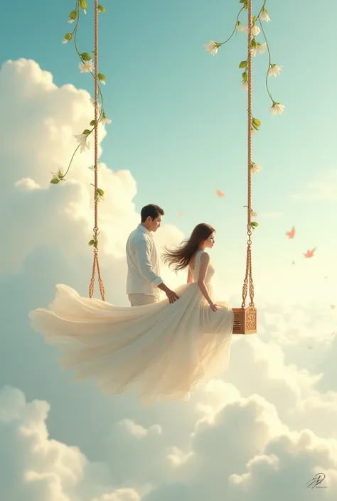 This woman is on a swing above the clouds and the man is swinging the swing 