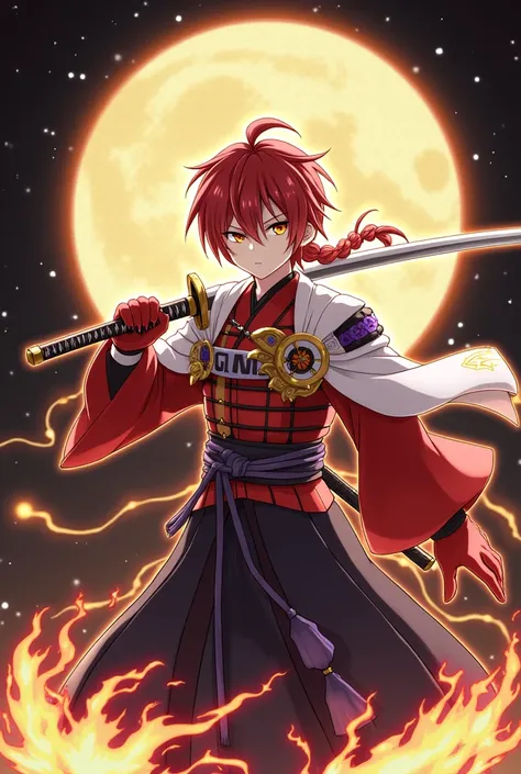 1boy, black hakama, samurai armor, red armor, flame, armor with a flame, flame on a samurai armor, closed mouth, fighting stance, full moon, glowing, hair between eyes, short hairstyle, holding a katana, flame katana, one katana, 1katana, japanese clothes,...