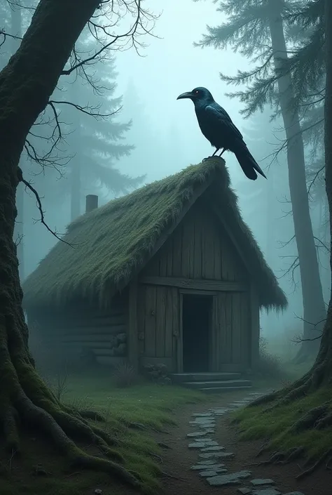 Old hut in forest fog raven 