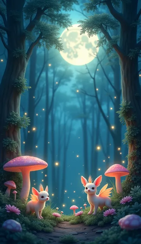 Fantasy animals, cute, best quality, fantasy, night forest, healing