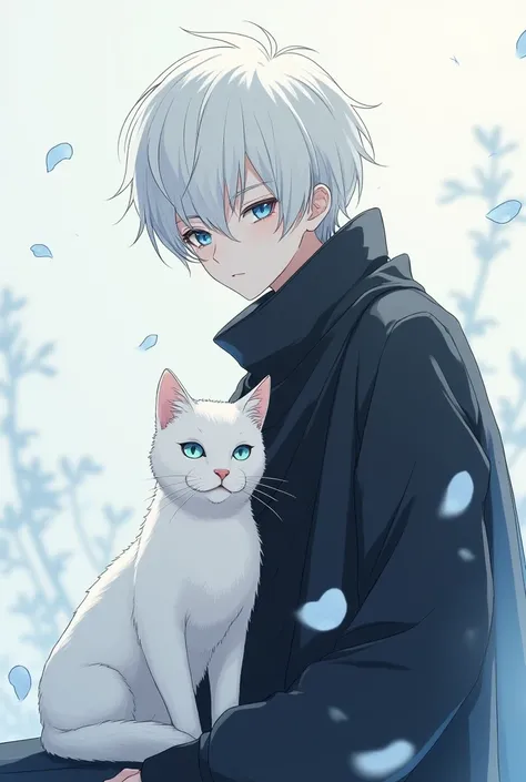 A boy with calm and sharp features. He has soft and quiet white hair, sky blue eyes and white skin. He wears a black scarf and black clothes. He has a white cat next to him, in the style of an anime