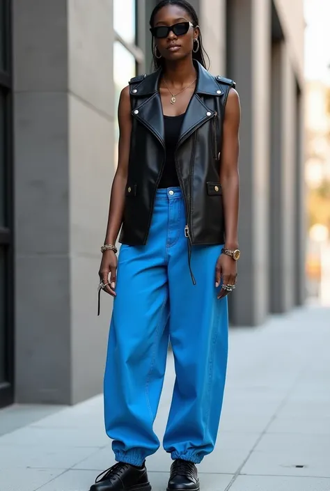 The black leather vest, 
Sky blue Loewe baggy jeans, 
 Black Adidas sneakers , black rectangular glass and rings
