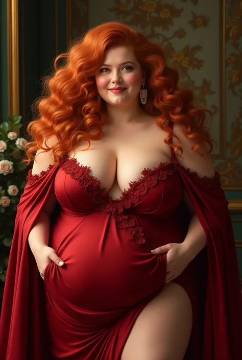 Very fat white woman with curly copper hair dressed in lush red 