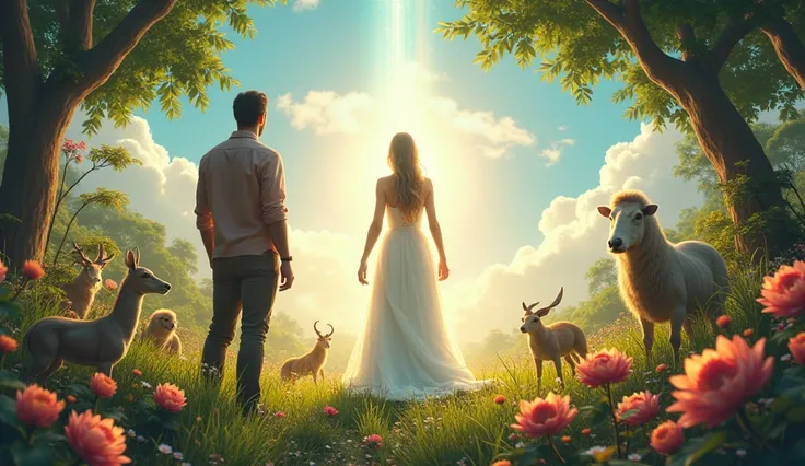  A man stands in the middle of a vibrant and colorful garden ,  surrounded by animals of various species that interact peacefully around him. He observes,  with a look of expectation ,  as the sky opens with a soft and divine light . by your side,  a femin...