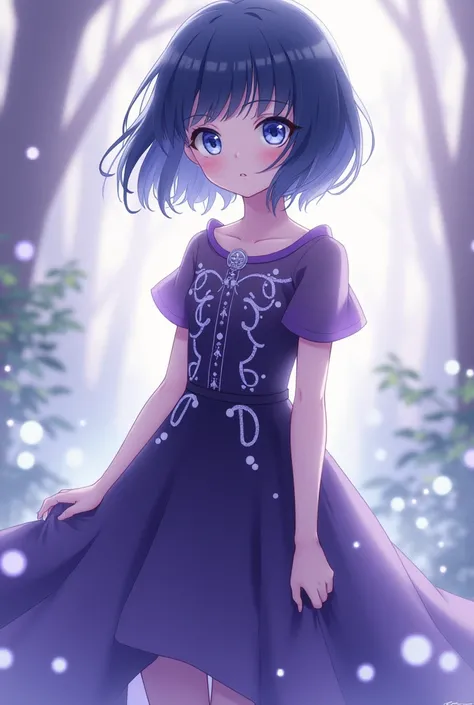 A girl with short dark blue hair, sky blue eyes and white skin wearing a dark purple dress, anime style.